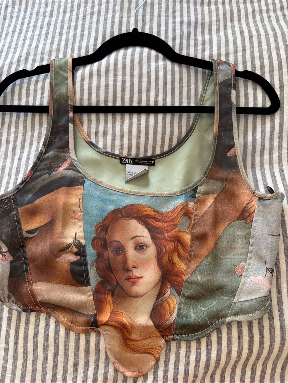 Zara sage green Renaissance print crop top with multicolor art